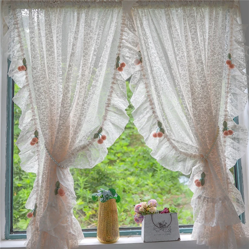 Idyllic American Rural Beige Flowers Tulle Curtains Lace Warp Ruffled Curtains for Kitchen  Roman Cherry Curtains  A636