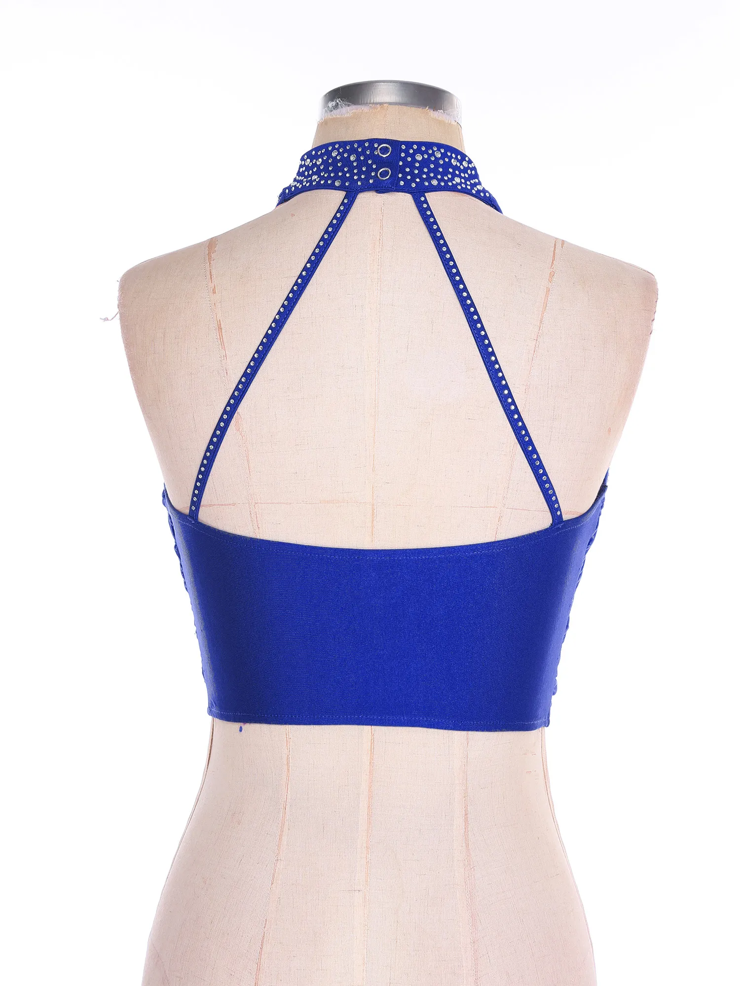Womens Salsa Cha-Cha Latin Dance Top Halter Sleeveless Strappy Backless Rhinestones Front Cross Ruched Mesh Overlay Crop Tops