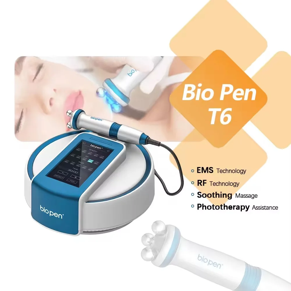 Factory Wholesales 360 Roller EMS Micro Current Electric Skin Lifting Tightening EMS RF Blue Light LED Therapy Bio Pen T6