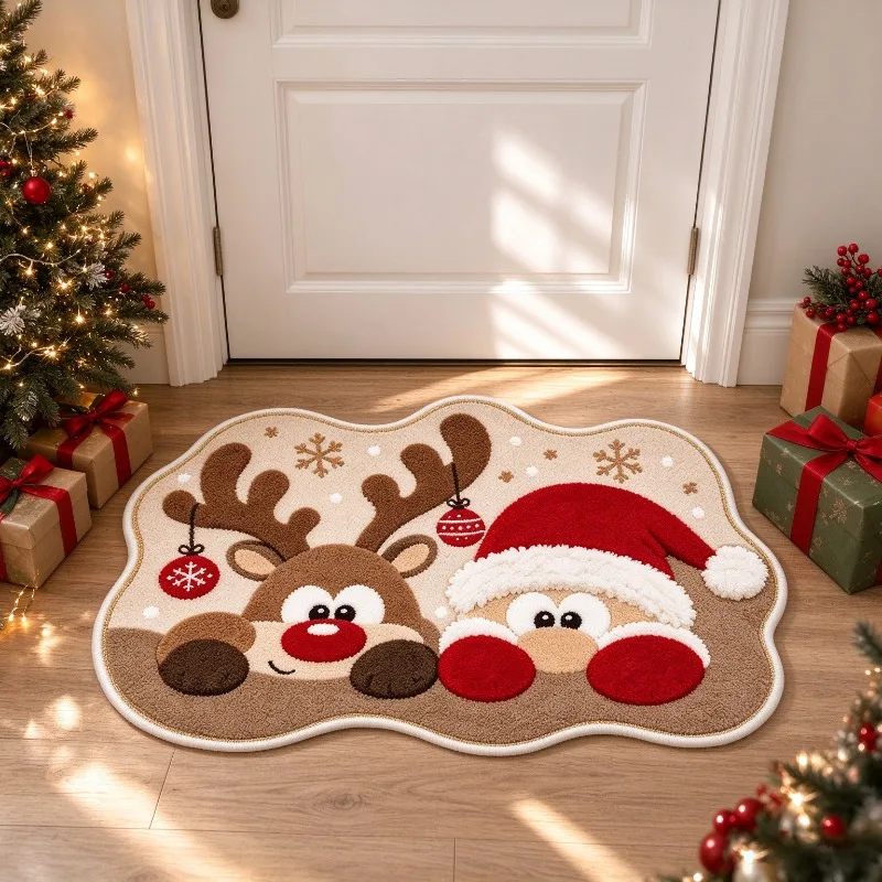 Christmas Cute Irregular Rug Cartoon Santa & Reindeer Entryway Mat Soft Fluffy Carpet for Bedroom Living Room Holiday Decor