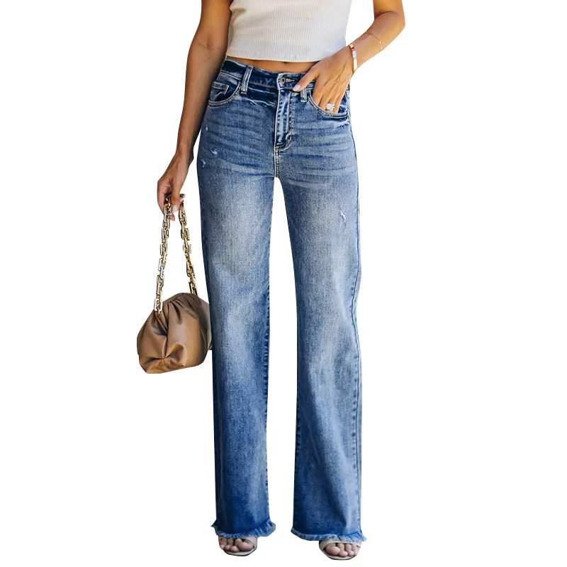 

Summer High-Waisted Denim Fashion Commuter Casual Street Straight Loose Tassels Versatile Retro Ripped Jeans for Women