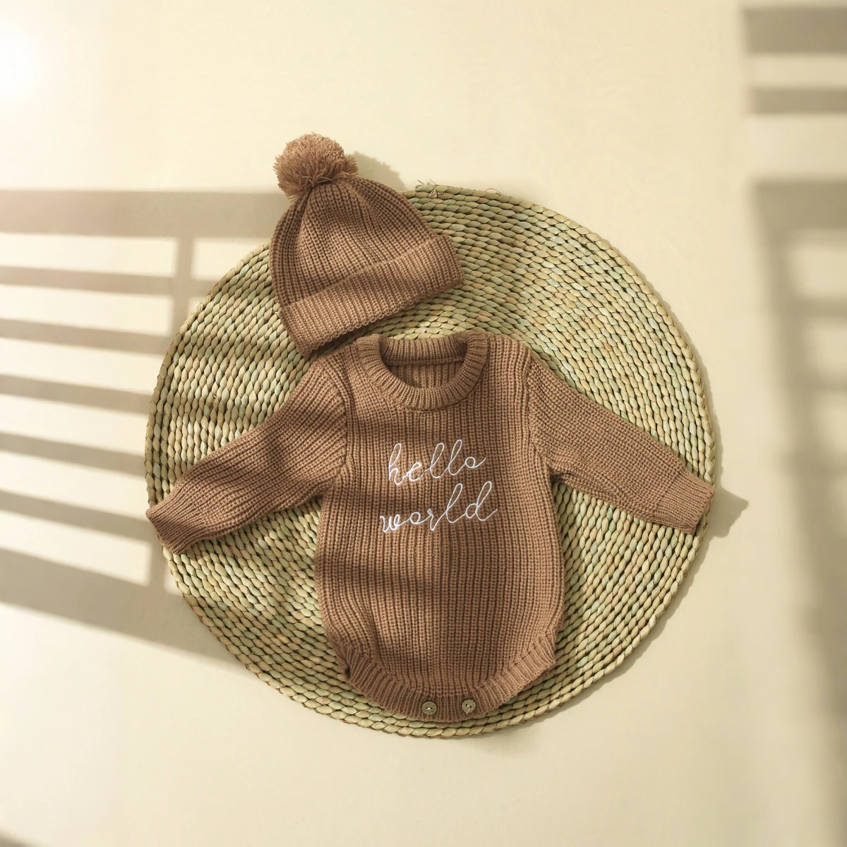 Ylsteed Hello World Knitting Newborn Photography Romper with Matching Pomp Hat Baby Boy Girl Sweater Outfits for Photo Shooting image 3