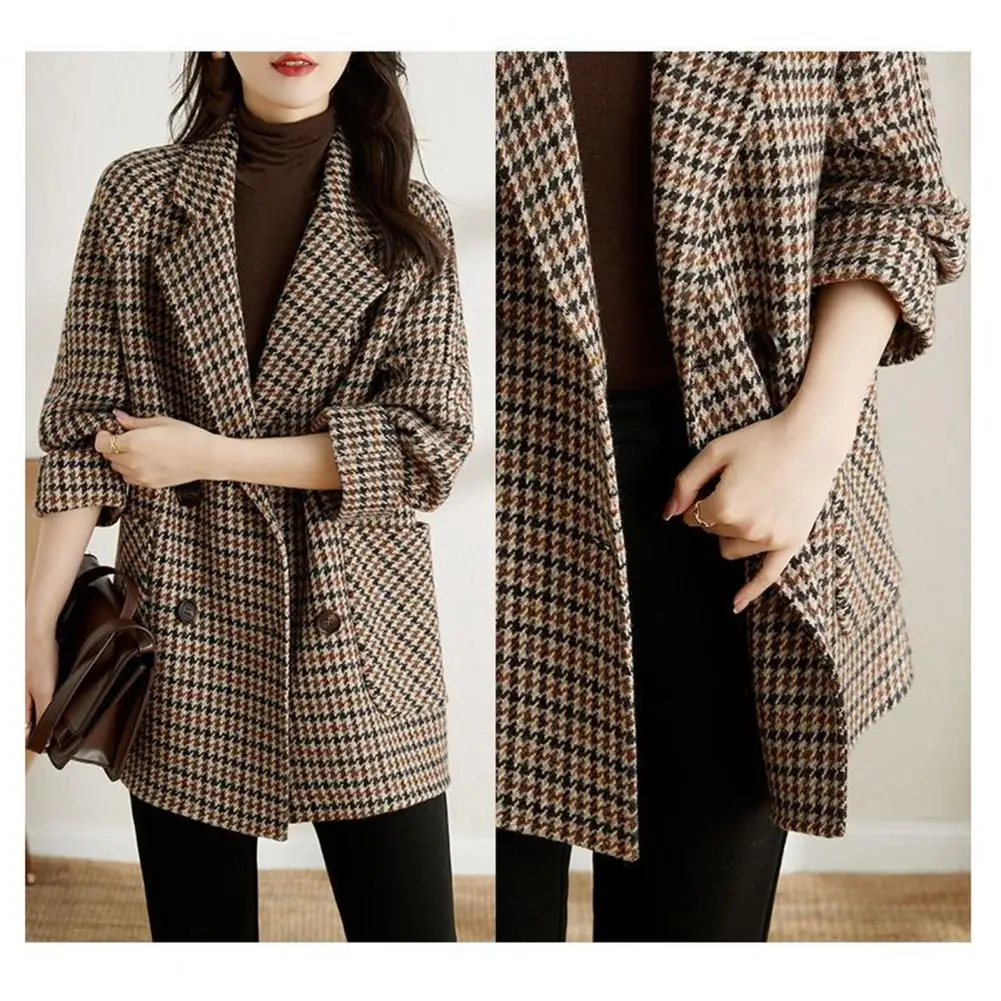 Winter Wardrobe Essential Stylish Women's Houndstooth Tweed Coat with Pockets Vintage Long Sleeve for Autumn for Fall/winter