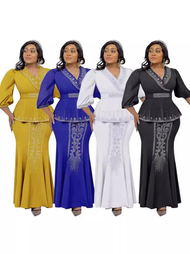

3XL Plus Size Elegant African Women Skirt Sets Tops Skirt Suit Wedding Party Evening Gown Ruffle Sleeve Bodycon Mermaid Skirt