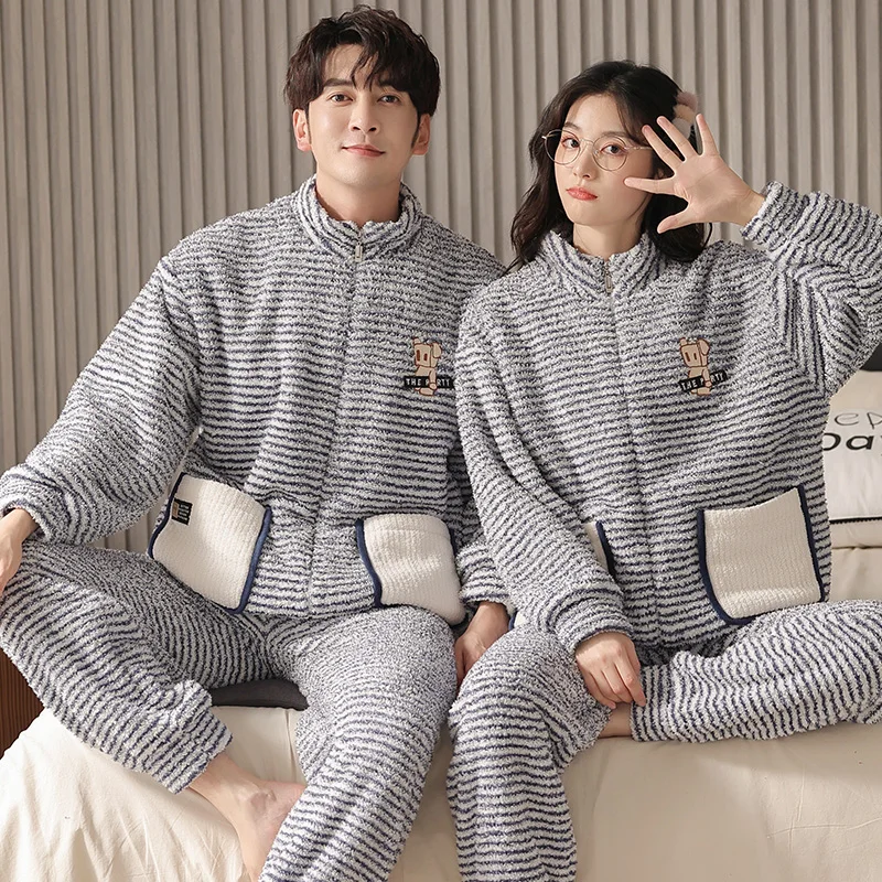 Newest Couple Pajamas Set Flannel Sleepwear Women Men Warm Fleece Pijama Winter Lovers Kimono Home Clothes