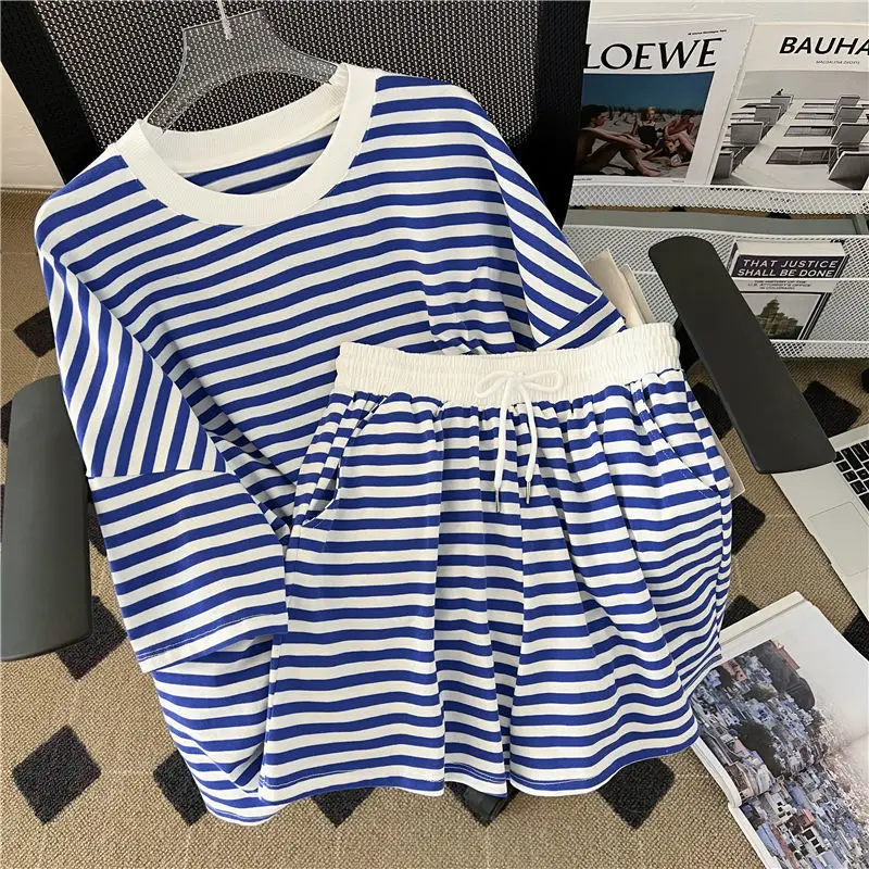 M-4XL Fashion Striped Women Two-Piece Sets Short Sleeved T Shirt+Wide Leg Shorts 2023 New Summer BF Style Female Sports Suits