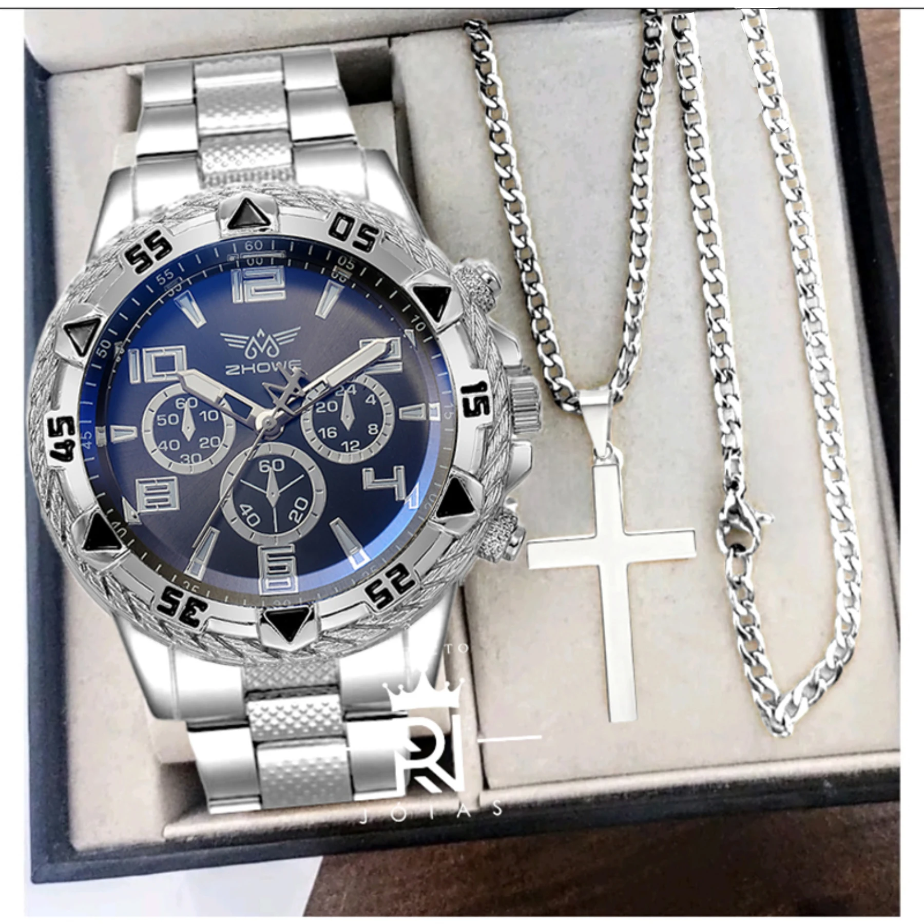 

Large dial men's steel strap watch, fashionable business white light glass digital quartz watch+cross