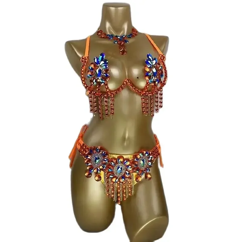 

Samba Carnival Costumes Rhinestones Women Wire Bra Top Waist Belt Set Stage Performance Wear 2025 New Oriental DancerShow