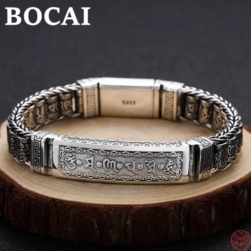 

BOCAI 100% S925 Sterling Silver Bracelets for Men New Six Character Truth Prayer Wheel Weaven-chain Amulet Jewelry Free Shipping