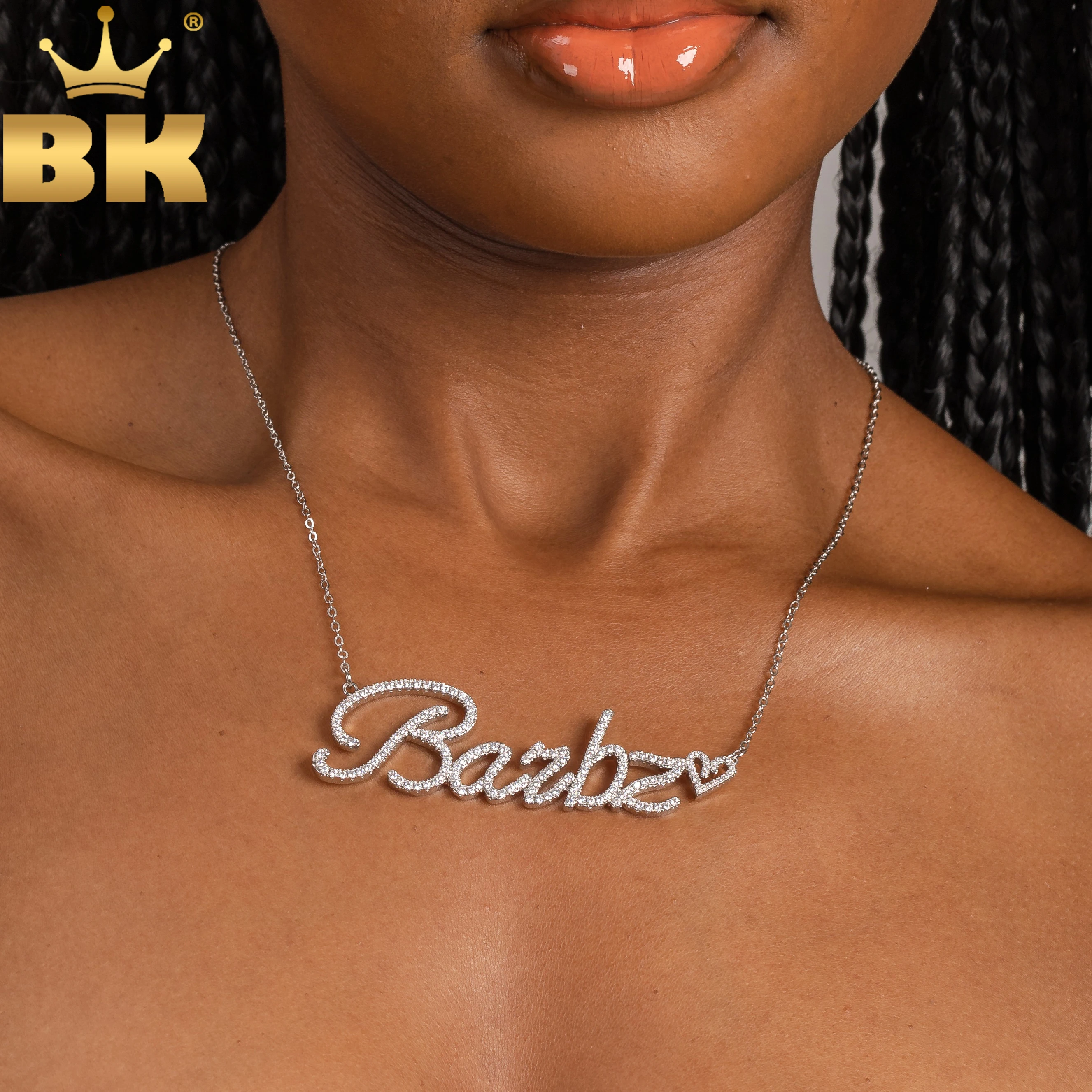 

THE BLING KING Custom Cursive Name Letters With Mini Heart Necklace For Women Iced Out CZ Personalized Fashion Jewelry