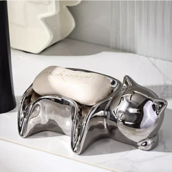 Charming Electroplated Ceramic Cat Soap Holder, Multi-Drain Design, Adorable Bathroom Accessory, Easy-Clean Dish