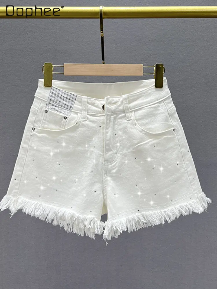 

Women's Rhinestone Stretch White Denim Shorts 2023 New Summer Boyfriend Woman High Waisted Short Jeans Loose Ins Burr Hot Pants