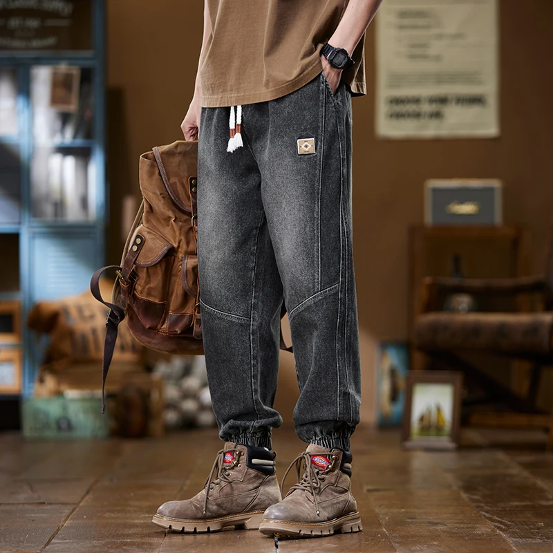 

Leg tied jeans men's American high street loose Haren pants summer thin elastic waist drawstring casual pants men