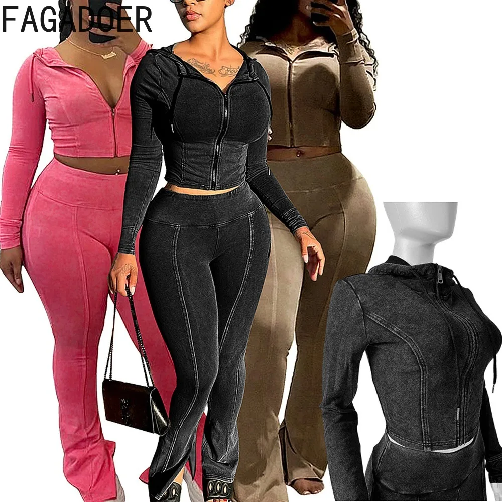 

FAGADOER Quality Rib Stretchy Autumn 2 Piece Sets Women Outfit Casual Zip Hooded Patchwork Jacket And Flare Pants Joggers Suits