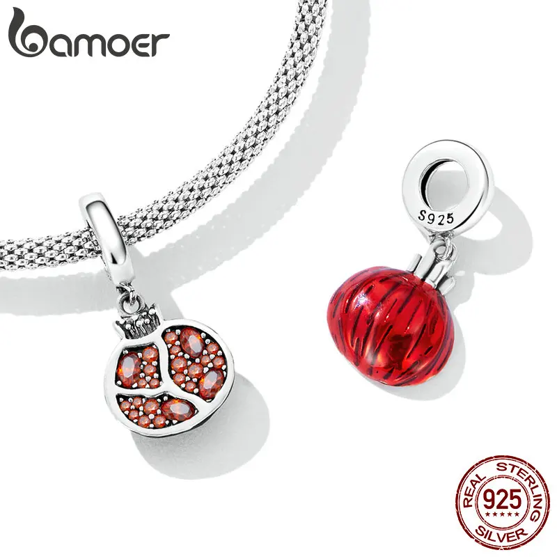 Bamoer 925 Sterling Silver Delicate Pomegranate Pendant fit for Women DIY Bracelet & Bangle Fruit Charms Fine Jewelry BSC619