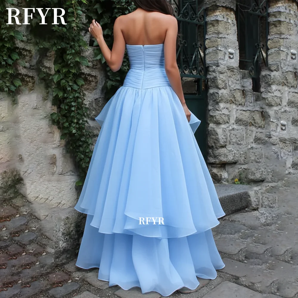 

RFYR Blue Prom Dress Layers Evening Dress High Slit Party Dress Strapless Princess Dress Zipper Back Gala Dress Customized