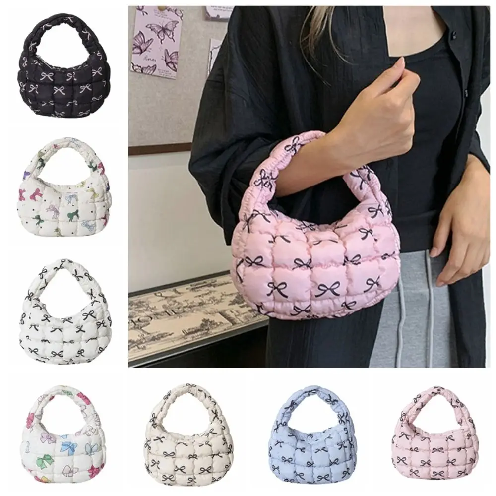 Casual Plaid Bow Handbag Lattice Nylon Cloud Pleated Bag Mini Bag Storage Bag Padded Handbag Travel