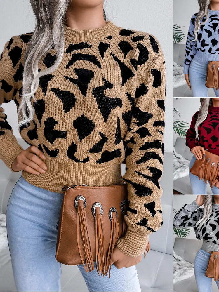 

Женский повседневный вязаный укороченный топ с леопардовым принтом, свитер длиной до щиколотки живота, свободный крой, длинный круглый свитер Ne свеча