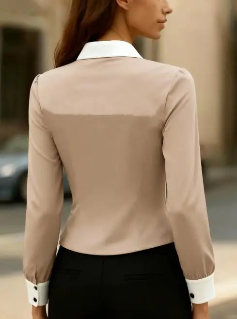 

Autumn Fashion Color Blocking Patchwork Lapel Long Sleeved Asymmetrical Shirt for Women, Slim Fit Design, Button Up Front Shirt