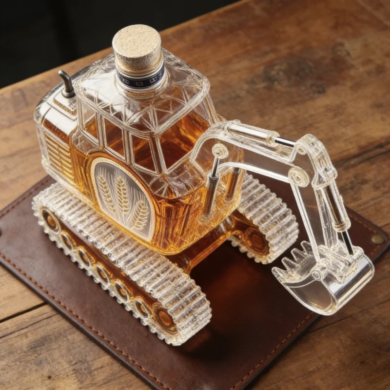 300ML Hand Carved 3D Excavator Whiskey Decanter Bottle Novelty Wine Storage Container for Home Bar Office Unique Gift