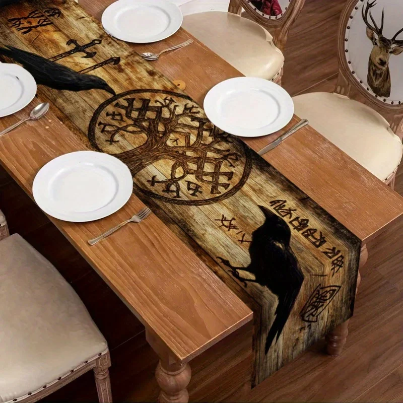 VIKAMA Scandinavian Viking Style Dark Vintage Table Flag Faux Wooden Raven Rune Tree Of Life Totem Table Decoration Table Flag