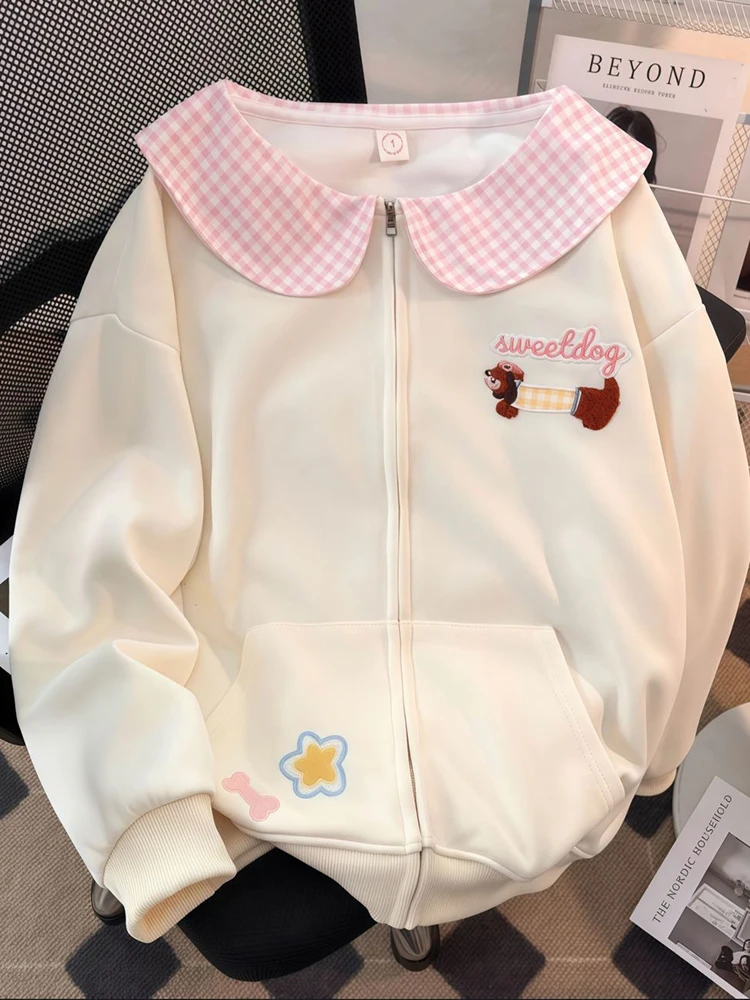 Zoki الكرتون الحلو Kawaii هوديس المرأة فضفاضة لطيف بيتر بان طوق بلوزات الخريف نمط Preppy كم طويل جديد التطريز