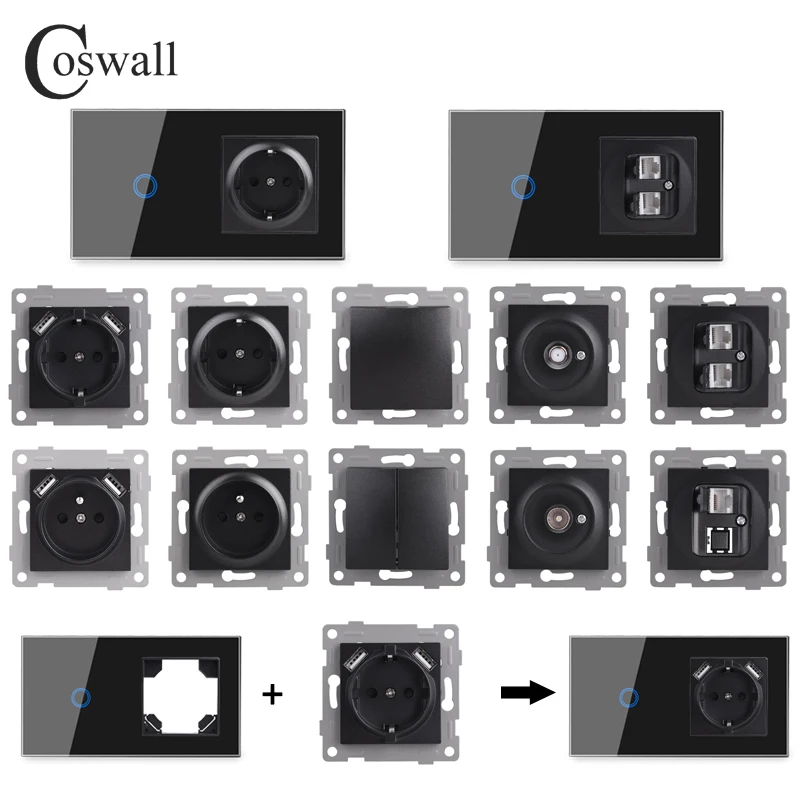 COSWALL Black Glass Panel Wall Touch / Rocker Switch EU Schuko Socket USB Type-A & C Charger Internet Satellite TV Module DIY