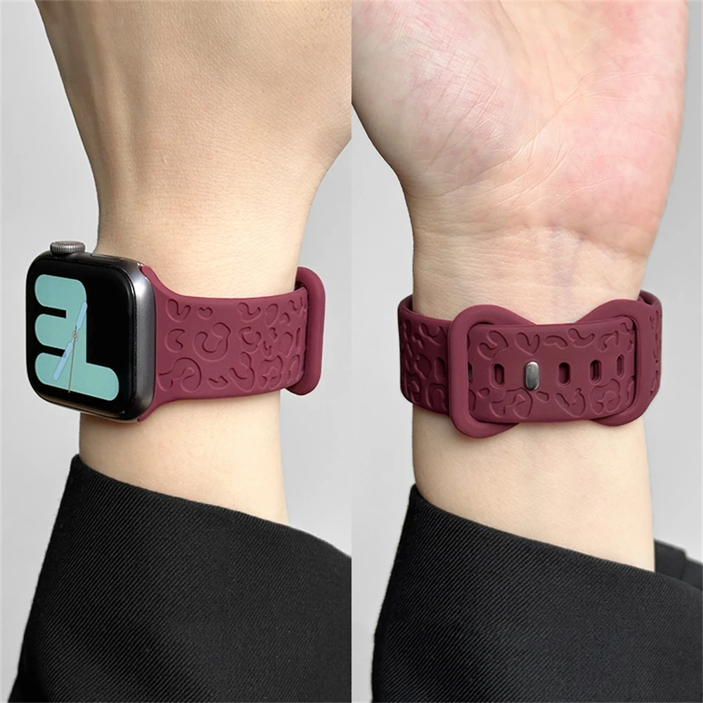 Cute 3D Leopard Prints Silicone Band Loop For Apple Watch 45mm 41 40 44 42 38mm Lovely Soft Sports Strap For Series 9 8 7 6 5