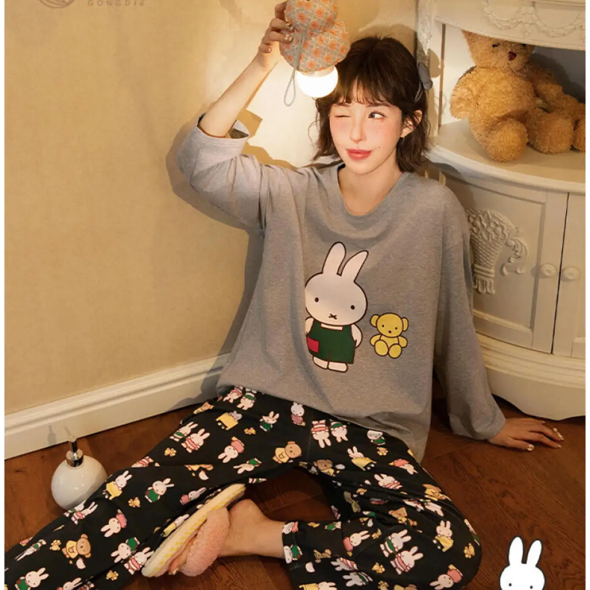 Le donne degli indumenti da notte Miffy possono indossare set di abiti da casa stampati in puro cotone a maniche lunghe primaverili e autunnali