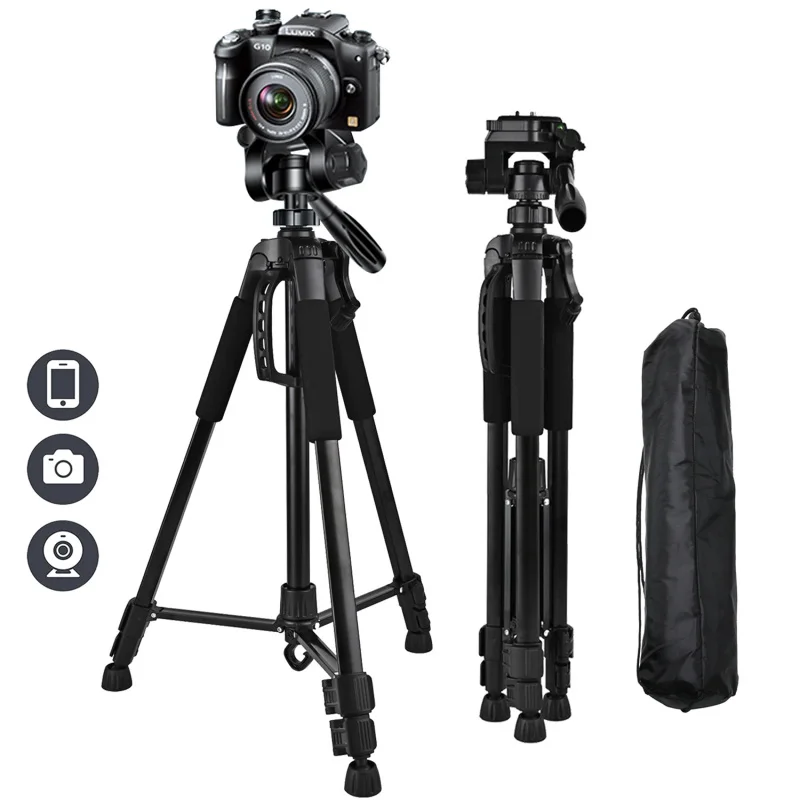 Phone Travel Self Tripod  Aluminum Tall 55” 140CM Stand With Quick Plates Mount Pan Head For Canon Nikon DSLR SLR Digital Camera