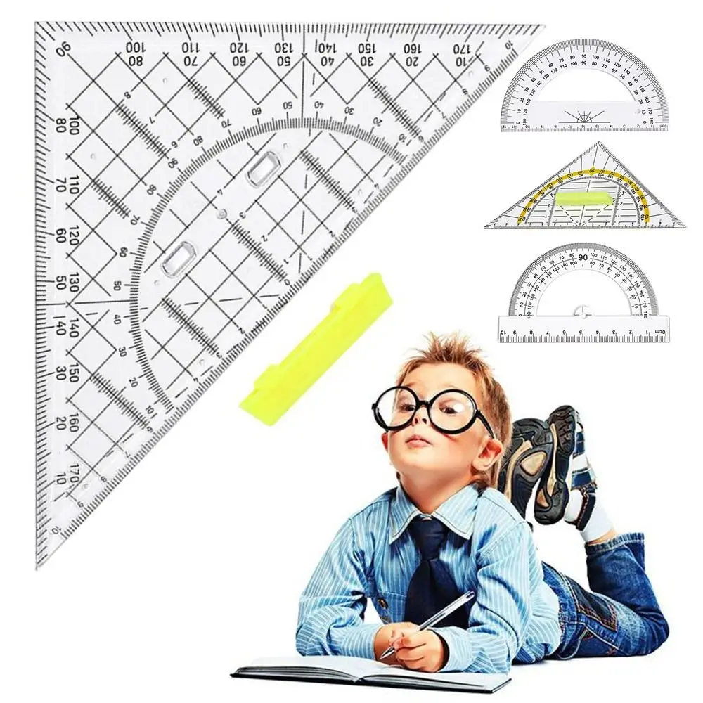Multi-function Plastic Set Square Drafting Tools With Handle Angle Protractor Geometry Transparent Triangle Ruler School Office