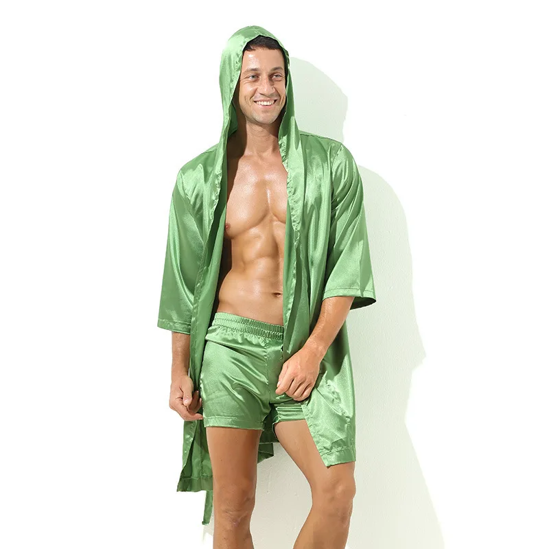 Men's Satin Hooded Bathrobe Shorts Set Night Robe Sleep Pajama Dress Gown Luxury Nightgown