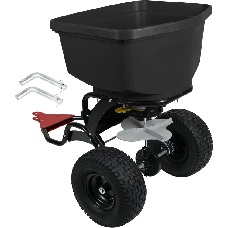 Made in The USA 150-Pound Tow and Pull Behind Spreader with Auto-Stop Dual Impeller That Stops When Not Moving