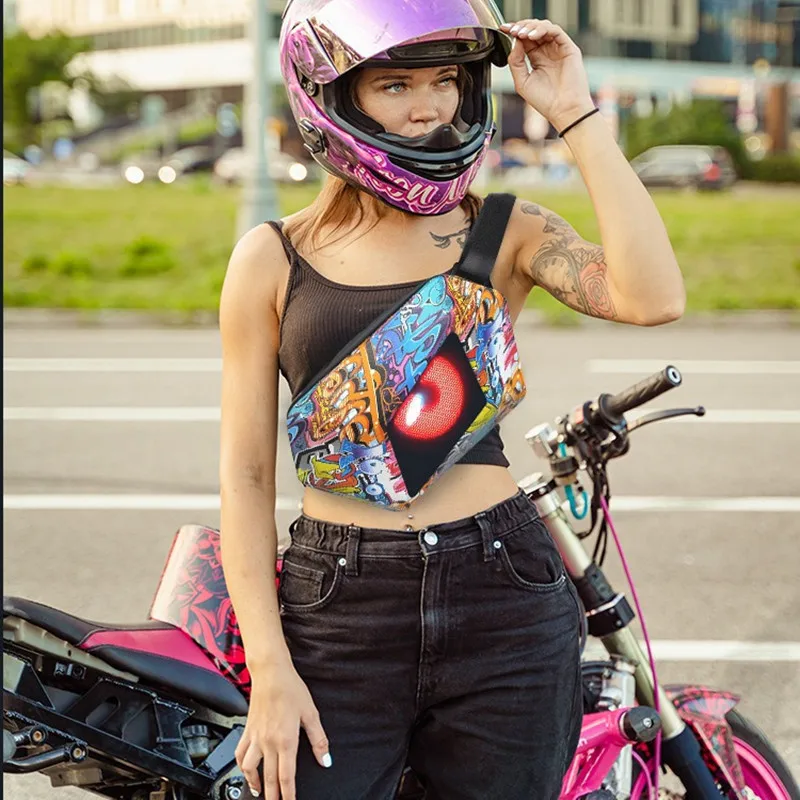 Bolso luminoso impermeable con Bluetooth para motocicleta, bolso de hombro inclinado, con Graffiti, carcasa dura, LED