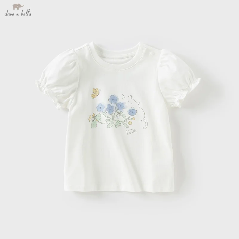 Dave Bella Children's T-shirt Summer Girl's Sweet Floral Print Bottoming Shirt Casual Baby Cotton Top Gentle Party DB2251882