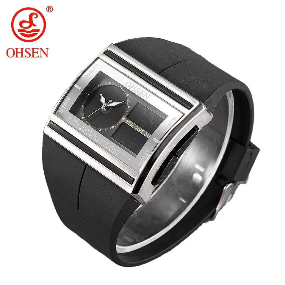 OHSEN Sport Watches for Men Digital 50M Waterproof Quartz Men's Watch Dual Time Black Military Wristwatches Relogio Masculino