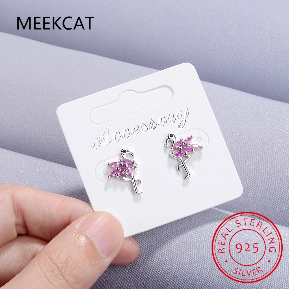 Real 925 Sterling Silver Sweet Pink Zircon Flamingo Stud Earrings For Daughter Girls Kids Lady Fine Gift Jewelry DK071