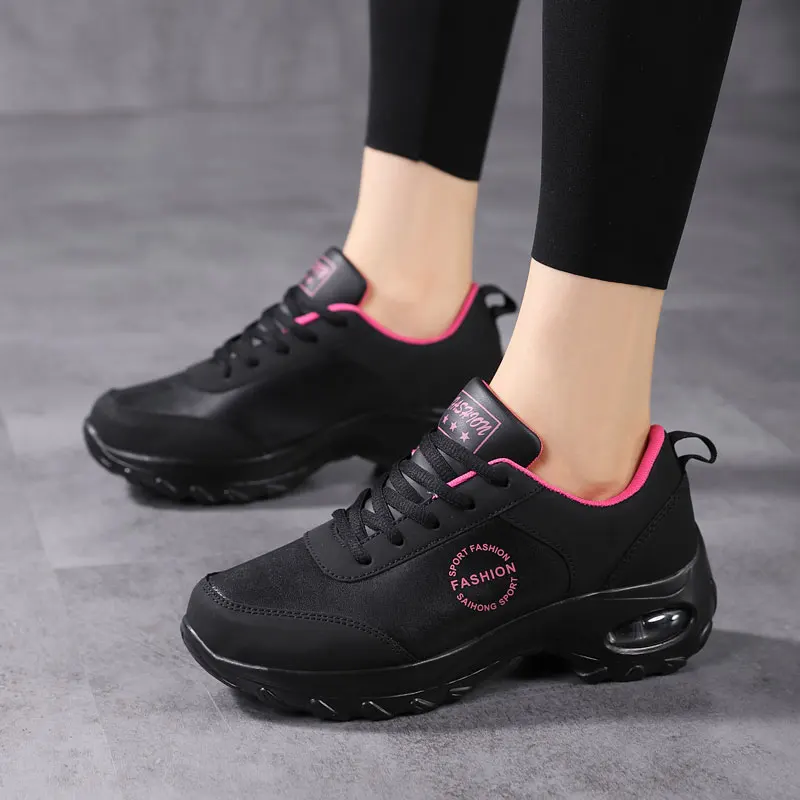 Black Sneakers Sport Woman Platform Thick Sole Leather Soft Air Cushioning Shoes Damping Running Shoes Non Slip Ladies Trainers