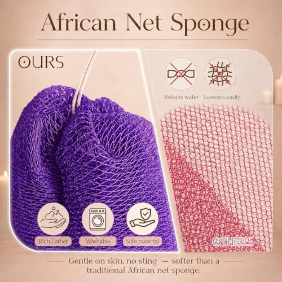 African Net Sponge Authentic, 3 Pcs Real African Exfoliating Net Sponge with Knots for Daily Shower Stretch Back Scrubber for W view 6
