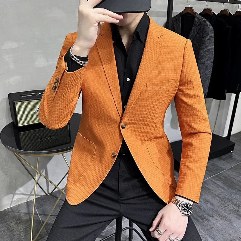 

2024 New high quality fashion with Korean version of handsome trend men's suit waffle plaid casual suit youth coat will west