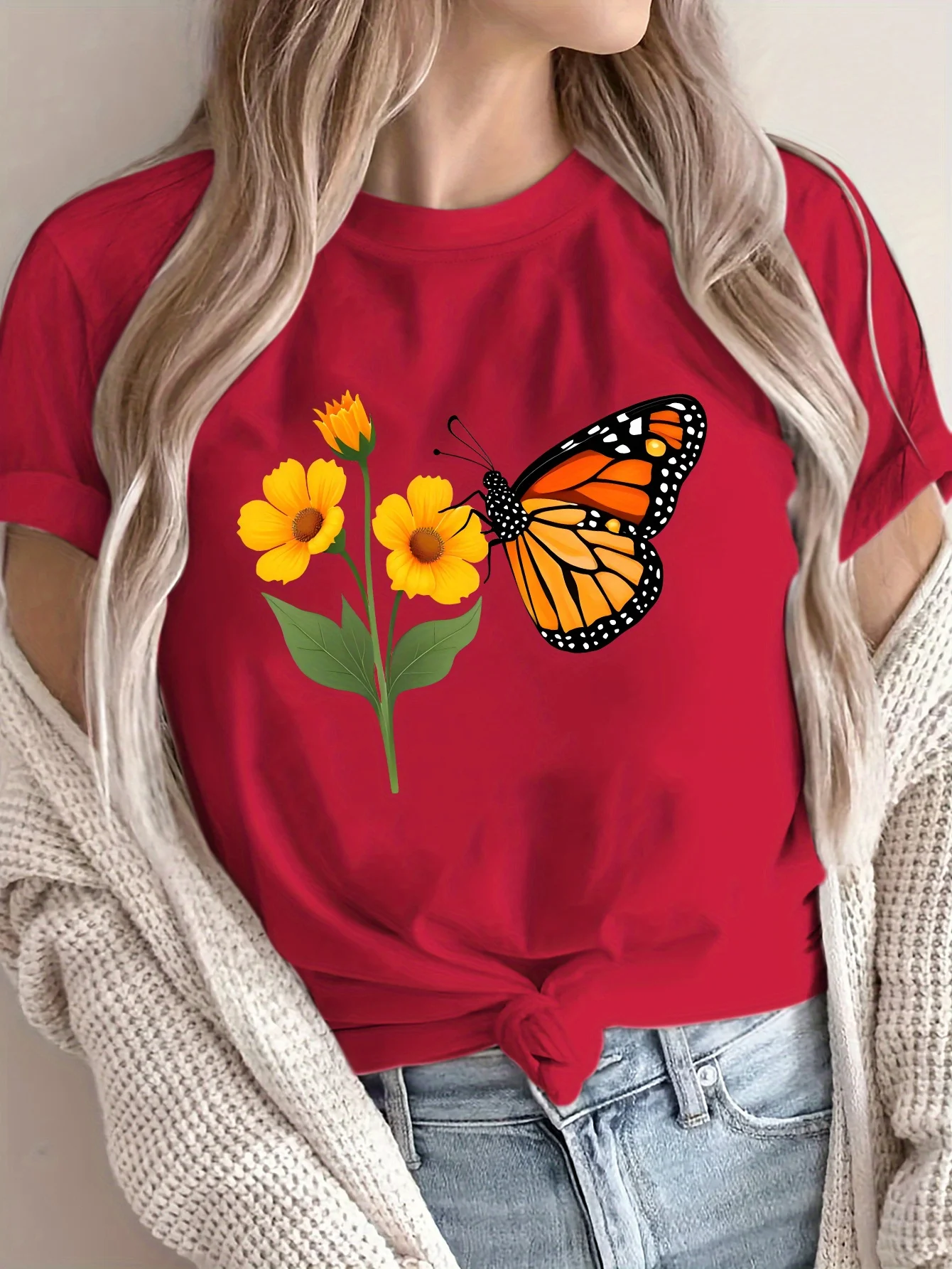 여성용 여름 캐주얼 라운드 넥 티셔츠, 나비와 꽃무늬 프린트 하라주쿠 반팔 캐주얼 미적 의류