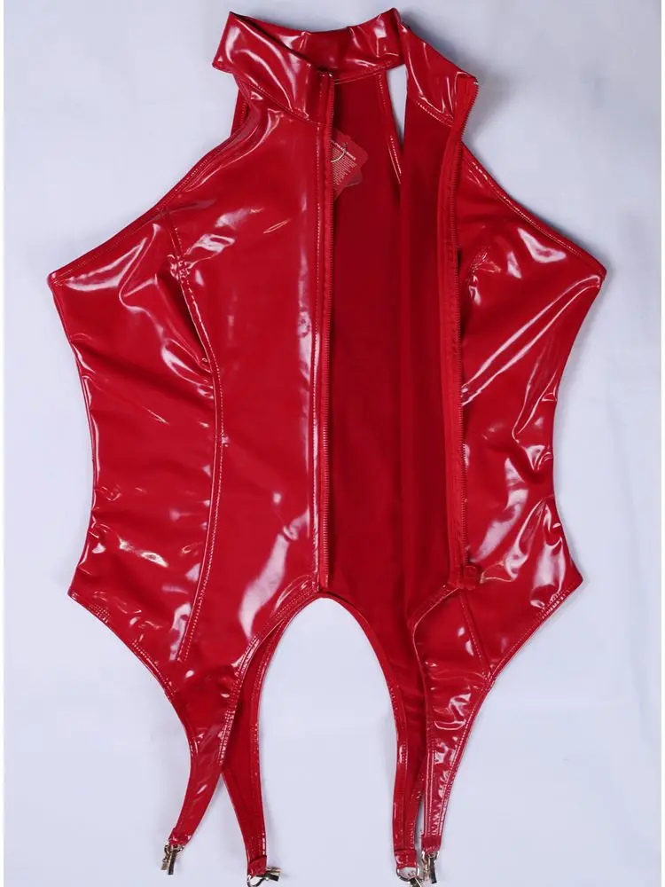 4 قطعة/المجموعة نظرة الرطب PVC تأثيري الزي لامعة بولي Leather الجلود سستة مفتوحة الجبهة الجسم الرباط حزام جوارب الجوارب الساخن مثير كلوبوير القمم