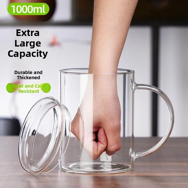 Large Capacity Explosion-Proof Glass Cup High Borosilicate Heat Resistant Tea Cup 1000ml Water Cup Men's Beer Cup Simple Styl...