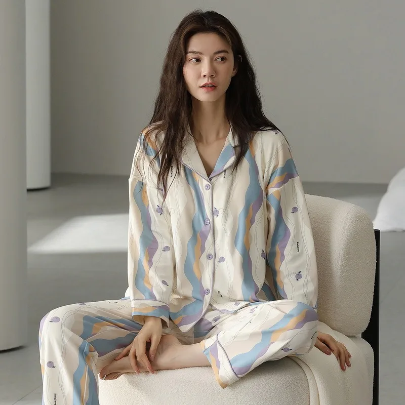 Women's Autumn Lapel Sleepwear Cardigan Long Sleeve Trousers Cartoon Outerwear Homewear Suit Ins Cardigan Home Clothes Femme