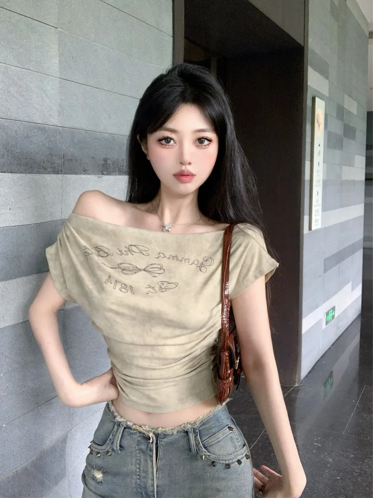 

Folded Waistline Short Sleeve Crop Top Women Summer Vintage American Spicy Girl Shoulder Design One-Shoulder Shirt