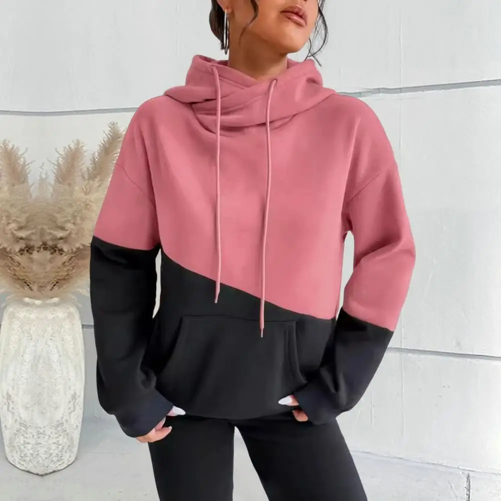 

Women Hoodie Colorblock Drawstring Hoodie With Big Pocket For Women Warm Winter Sport Fitness Top With Elastic Cuffs Hem Stylish