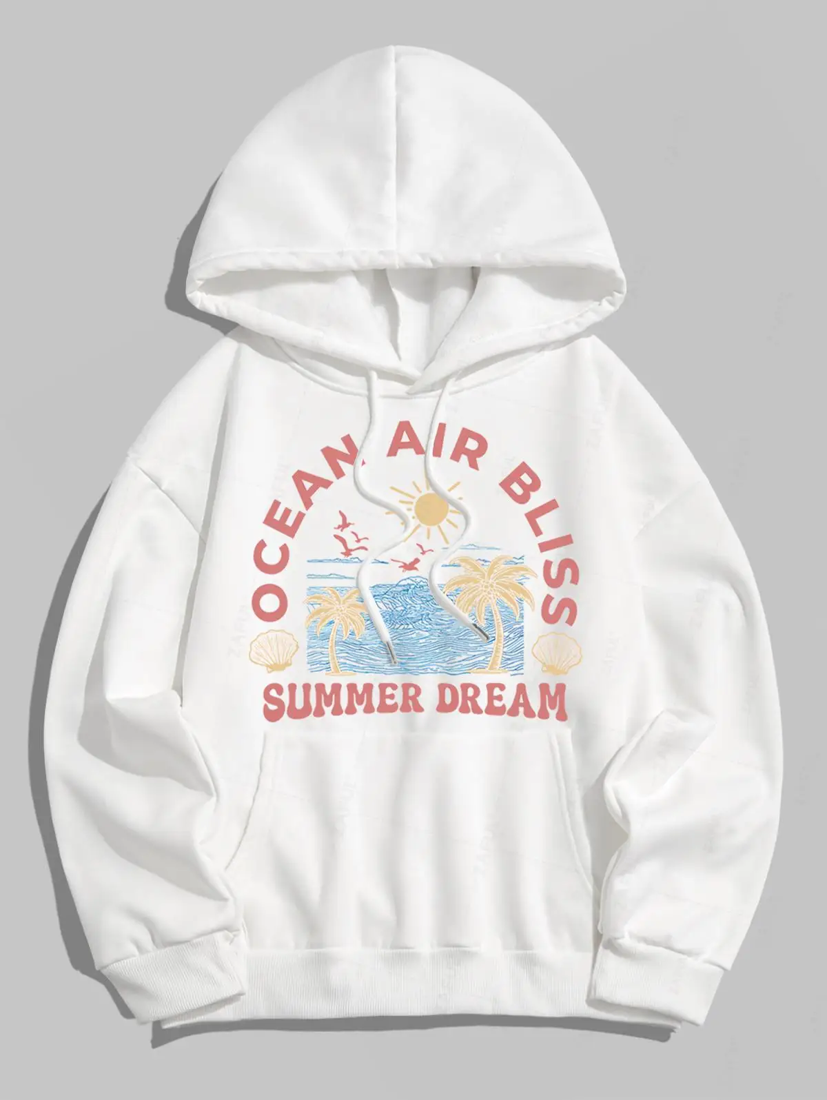 

ZAFUL Women's Letter Ocean Shell Coconut Tree Sun Bird Pattern Fleece-lined Kangaroo Pocket Design Pullover Hoodie