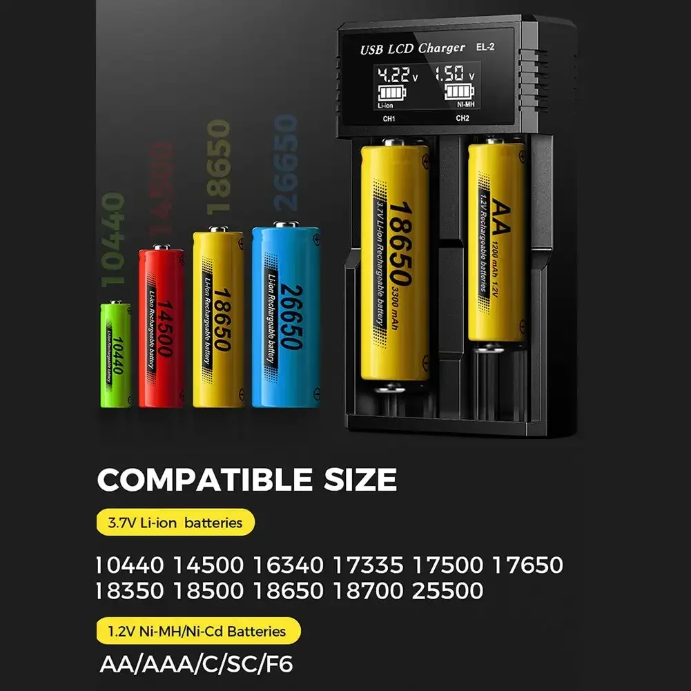 Inteligentní nabíječka baterií s USB LCD a 1/2 sloty pro 18650 3,7V dobíjecí lithiovou baterii pro 1,2V NI-MH AA/AAA baterie - náhled 6
