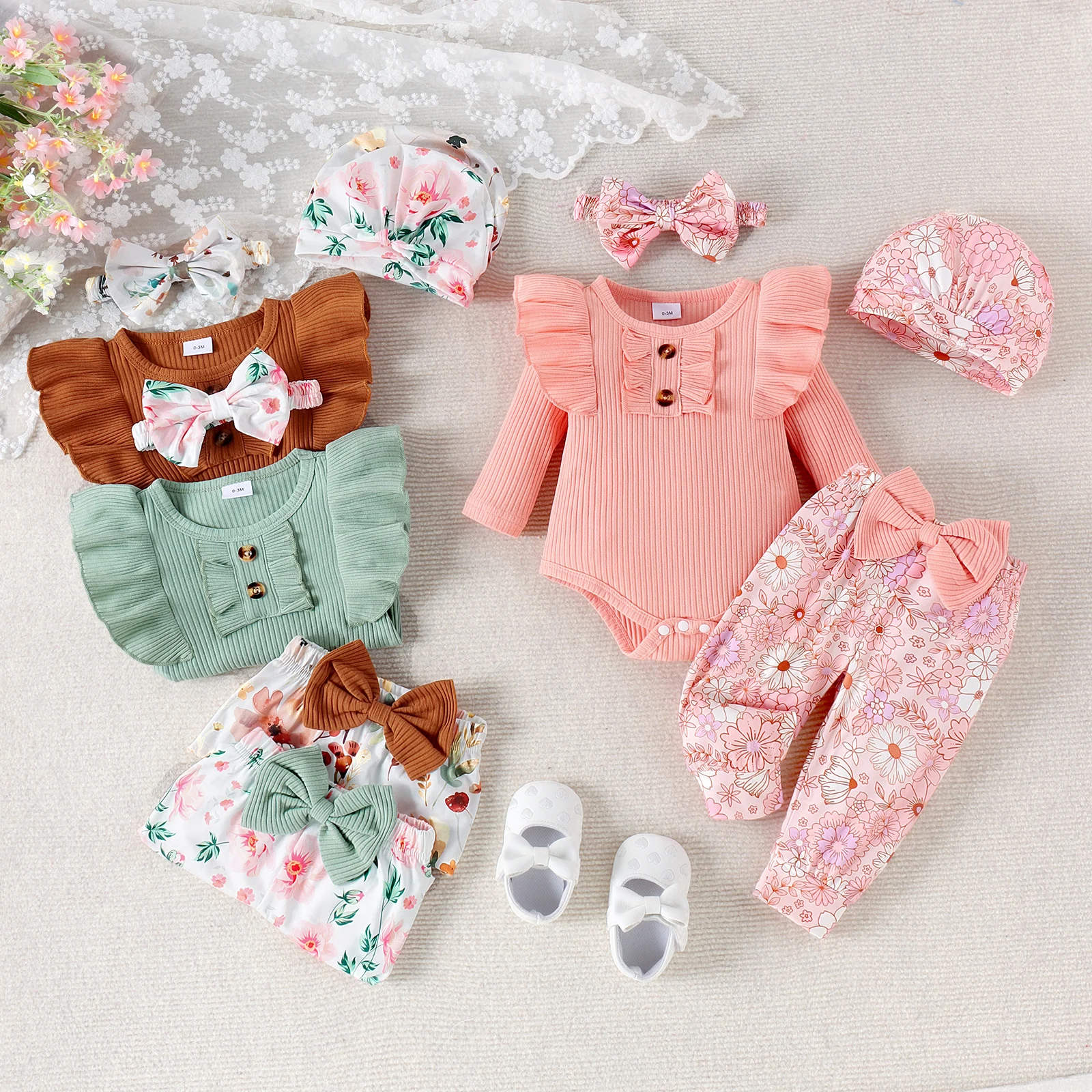 4PCS Autumn 0-1 Years Old Girls And Babies Casual Simple Round Neck Solid Color Long-Sleeved Clothes + Printed Trousers