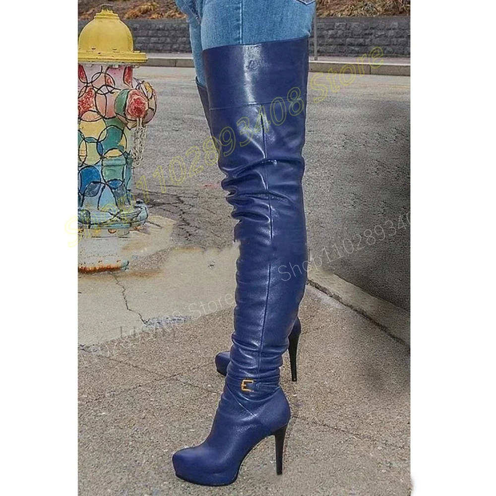 

Dark Blue Abkle Buckle Strap Over the Knee Boots Matte Leather Stiletto High Heel Fashion Sexy Women Shoes 2024 Para Mujere